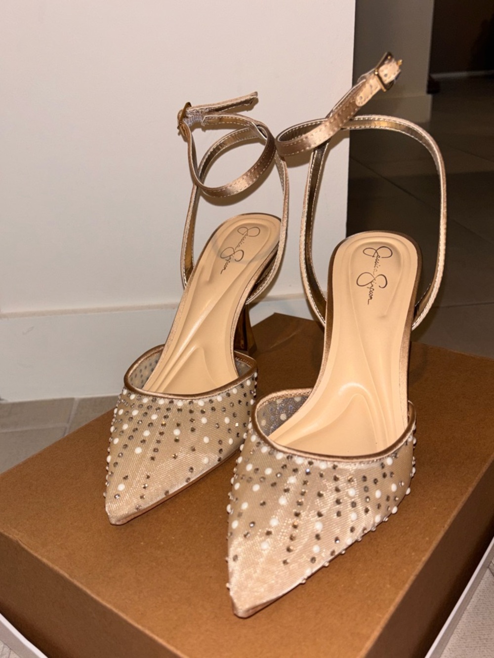 Gold Pearl Ankle Strap Heels, Closed Toe